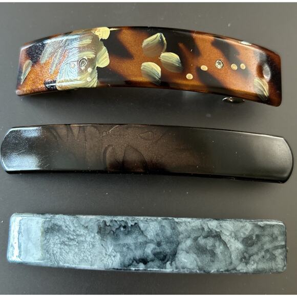 Lot Of 3 Vintage Hair Barrette Tortoise Shell Hand Painted Marble Shiny - Picture 1 of 5